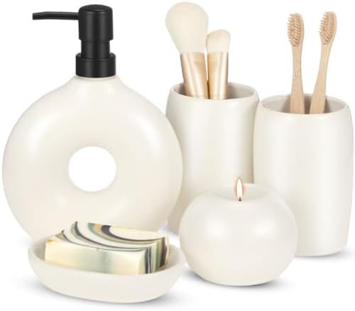 5 Pcs Ceramic Bathroom Accessory Set in Beige