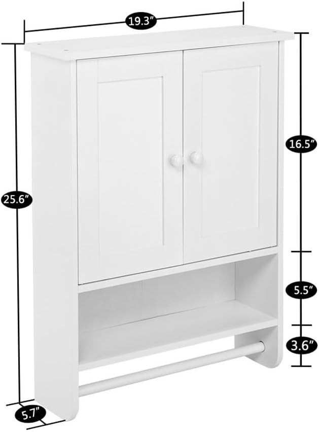 Stylish White 2-Door Bathroom Cabinet with Shelves and Towel Bar