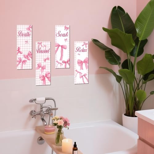 4 Piece Pink Bow Bathroom Wall Decor Set