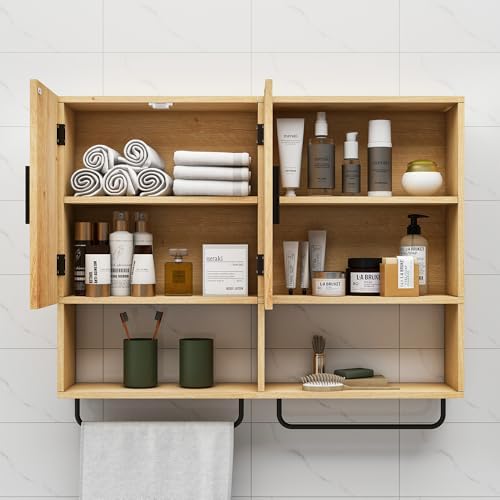 Sturdy Solid Wood Bathroom Cabinet with Towel Bar
