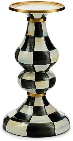 Candleholder - Cute Black White Courtly Check Enamel Pillar Candle Stand