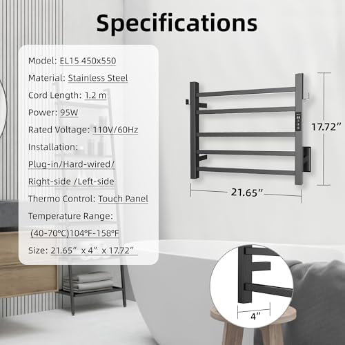 PBhusri Heated Towel Rack 5 Bar Matte Black