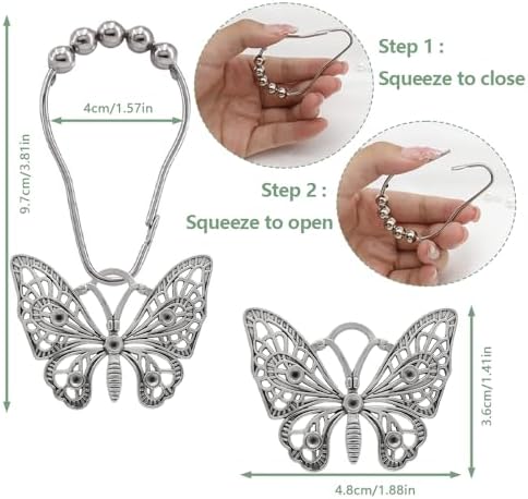 Decorative Shower Curtain Hooks 12PCS Silver Butterfly Hangers