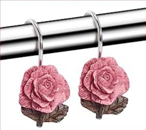 12PCS Pink Rose Decorative Shower Curtain Hooks