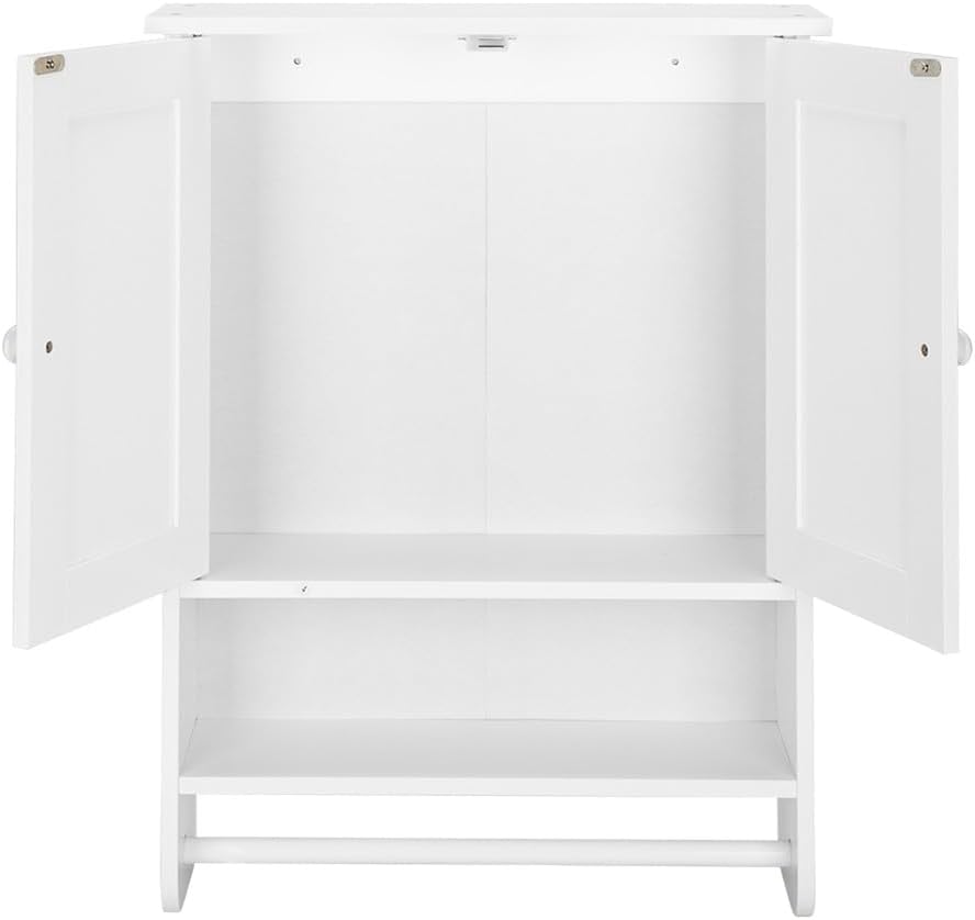 Stylish White 2-Door Bathroom Cabinet with Shelves and Towel Bar