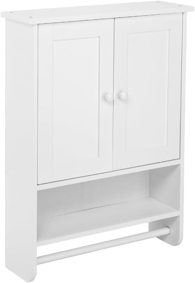 Stylish White 2-Door Bathroom Cabinet with Shelves and Towel Bar