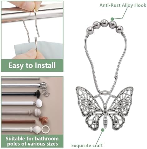 Decorative Shower Curtain Hooks 12PCS Silver Butterfly Hangers