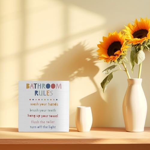 Bathroom Rules Wooden Box Sign 5x5