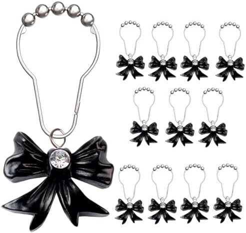 12-Piece Set of Black Bow Knot Shower Curtain Hooks for Bathrooms