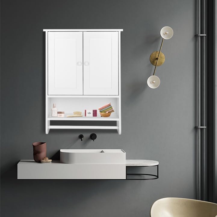 Stylish White 2-Door Bathroom Cabinet with Shelves and Towel Bar