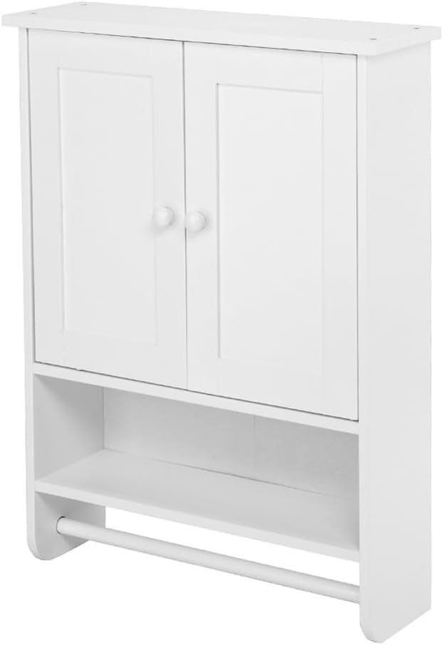 Stylish White 2-Door Bathroom Cabinet with Shelves and Towel Bar