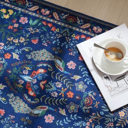 Vibrant Floral 6ft Round Non-Slip Washable Rug in Blue
