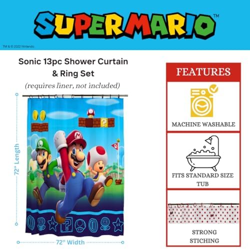 Franco Super Mario 13 Piece Shower Curtain and Ring Set