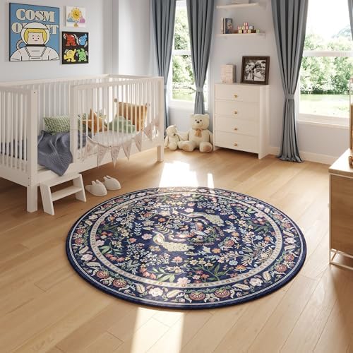 Vibrant Floral 6ft Round Non-Slip Washable Rug in Blue