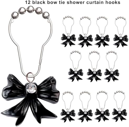 12-Piece Set of Black Bow Knot Shower Curtain Hooks for Bathrooms