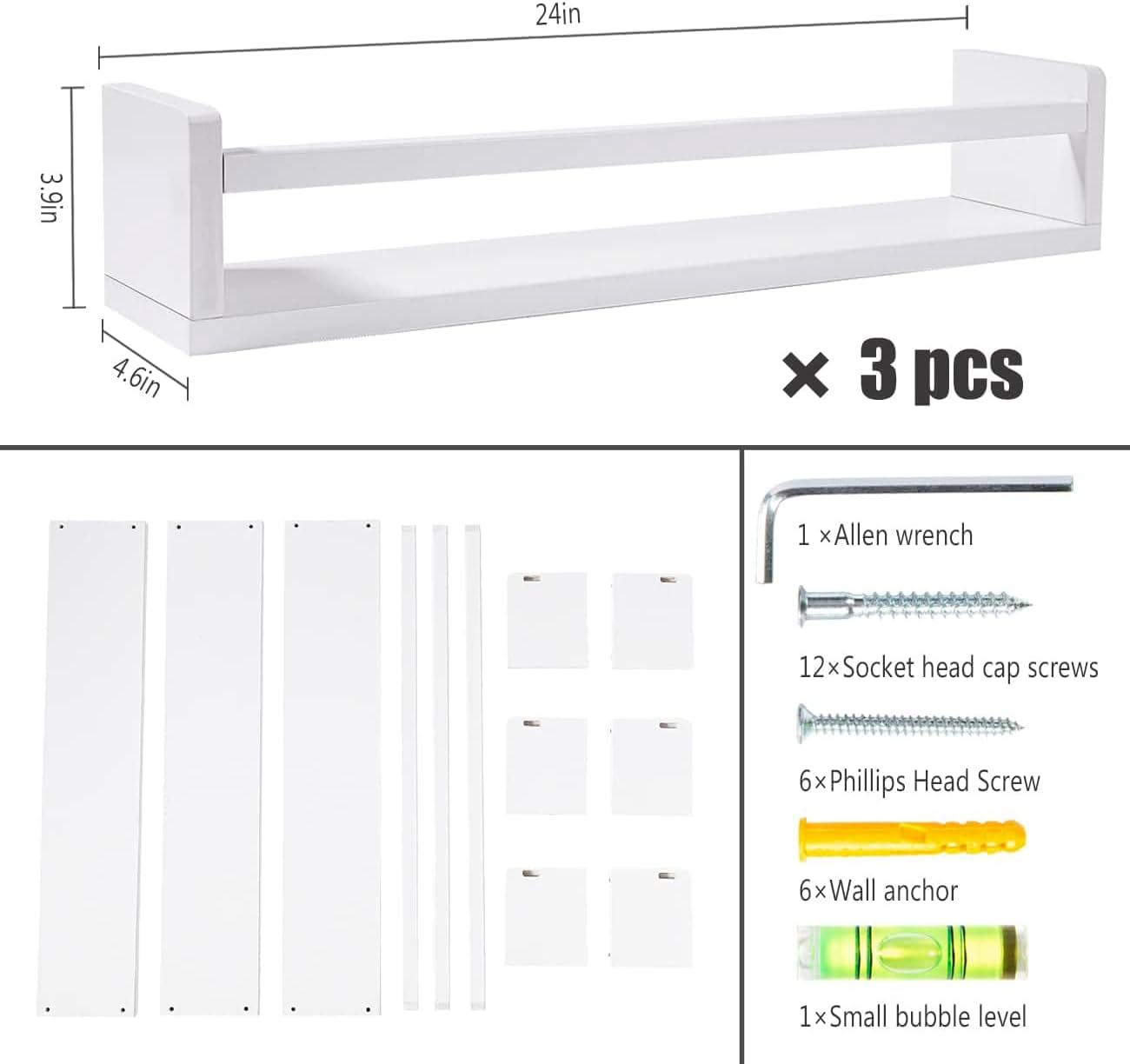 Sturdy 24 Floating Bookshelves for Kids Set of 3 Solid White wood
