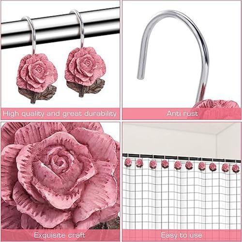 12PCS Pink Rose Decorative Shower Curtain Hooks