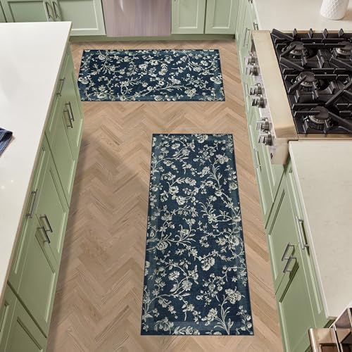 Laura Ashley Dark Navy Aria Floral Border 2-Piece Rug Set