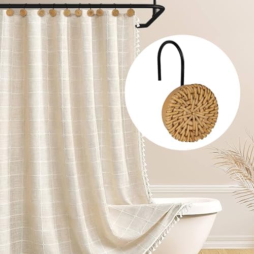 Sunlit Boho Chic Woven Wicker Rattan Shower Curtain Hooks 12-Piece Set