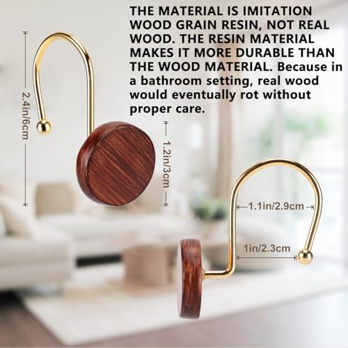 YanKitour Shower Curtain Hooks 12 Pack Black Walnut Gold