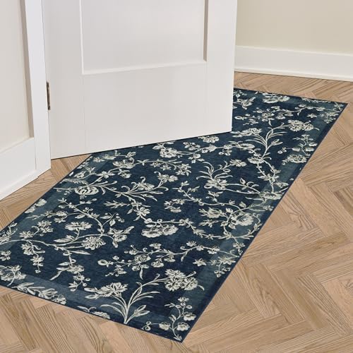 Laura Ashley Dark Navy Aria Floral Border 2-Piece Rug Set