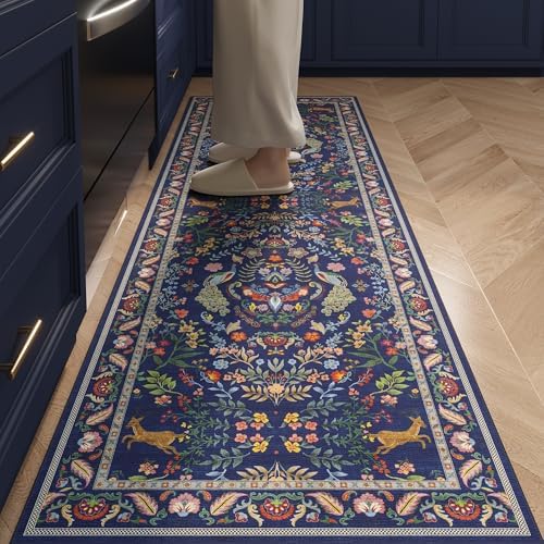 Vibrant Floral 6ft Round Non-Slip Washable Rug in Blue