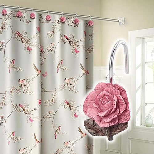 12PCS Pink Rose Decorative Shower Curtain Hooks
