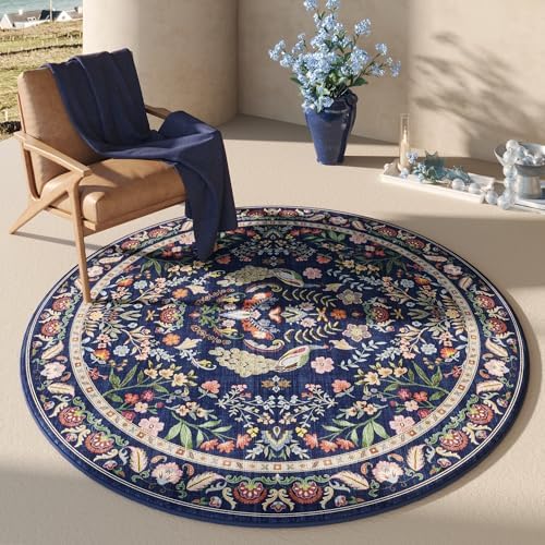 Vibrant Floral 6ft Round Non-Slip Washable Rug in Blue