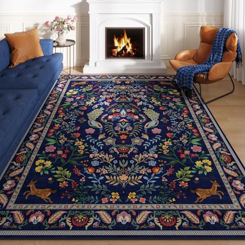 Vibrant Floral 6ft Round Non-Slip Washable Rug in Blue
