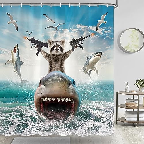 Funny Animal Shower Curtain Raccoon Shark Theme