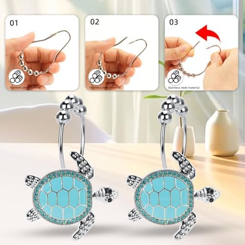 Bristling Blue Turtle Decorative Shower Curtain Hangers Set 12