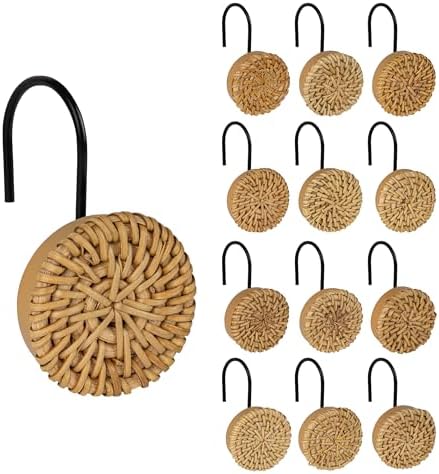 Sunlit Boho Chic Woven Wicker Rattan Shower Curtain Hooks 12-Piece Set