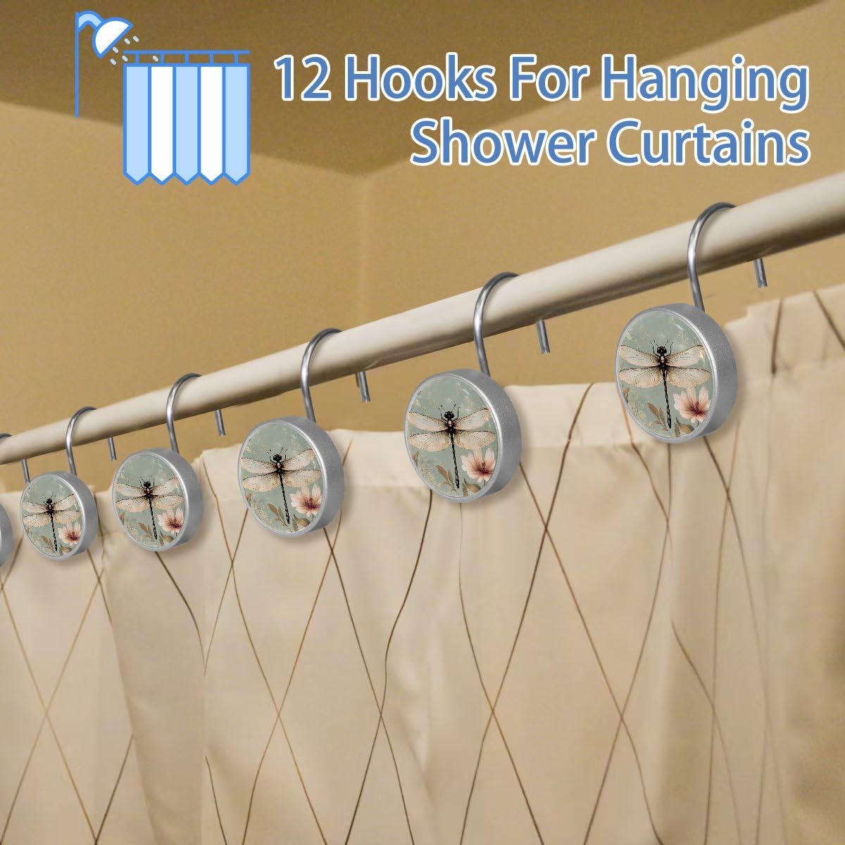 Set of 12 Glass Shower Curtain Hangers Rust-Proof Durable for Bathroom