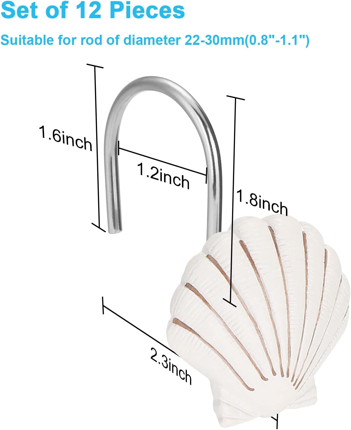 Elegant 12 Piece Seashell Shower curtain Hooks in Light Brown