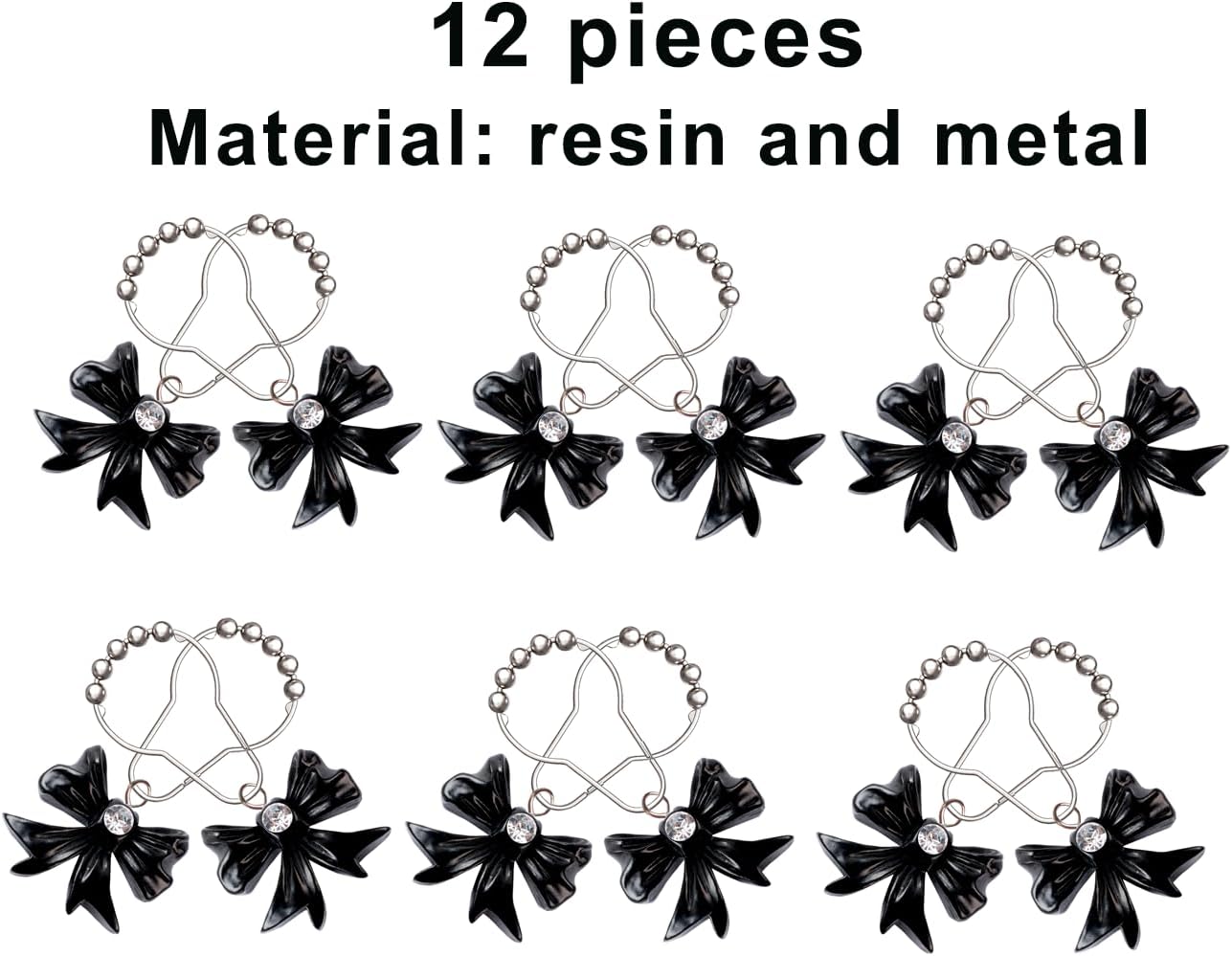 12-Piece Set of Black Bow Knot Shower Curtain Hooks for Bathrooms