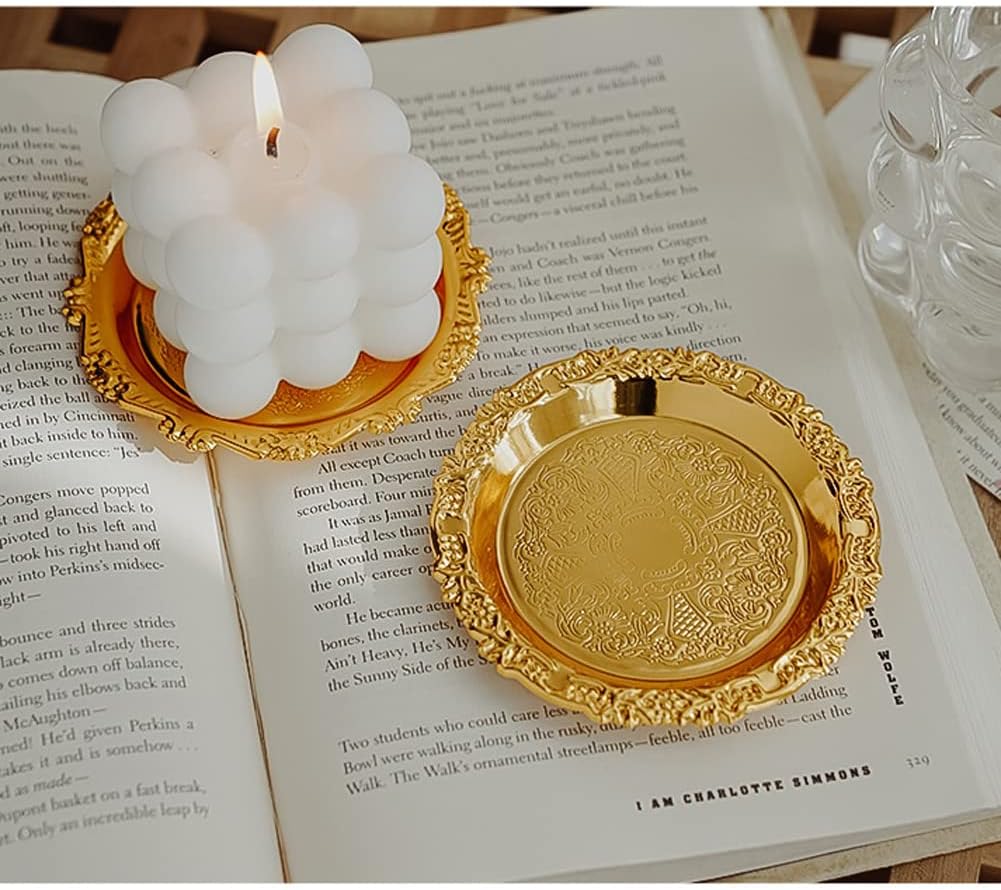2pc Gold Metal Jewelry Tray Round Candle Organizer Dish