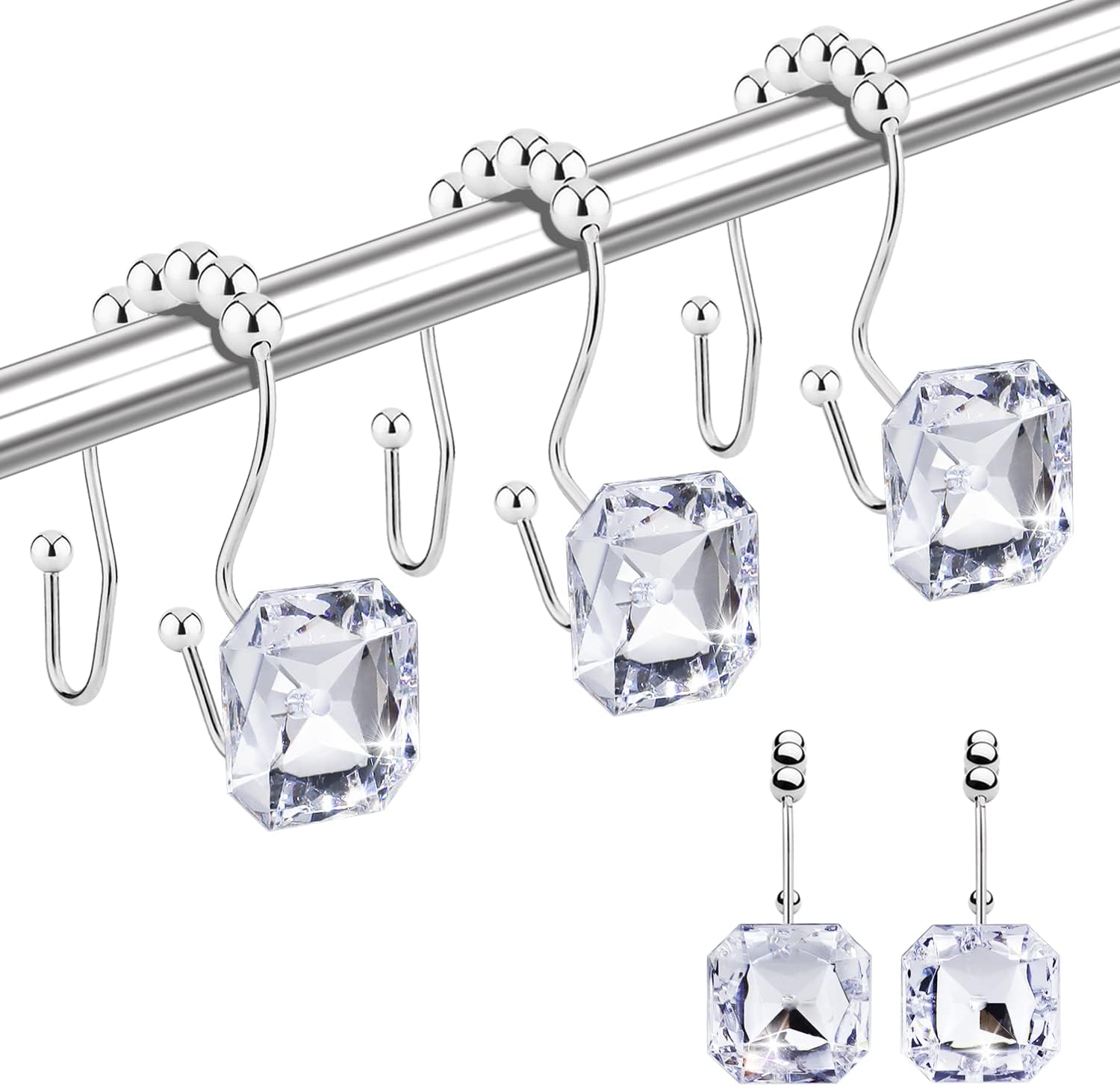 12-Piece Double Shower curtain Ring with Glide Action Crystal Clarity
