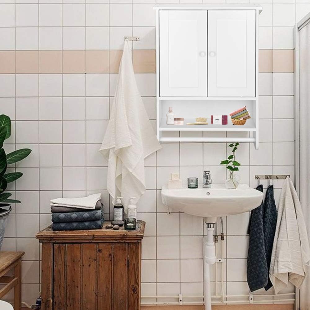 Stylish White 2-Door Bathroom Cabinet with Shelves and Towel Bar
