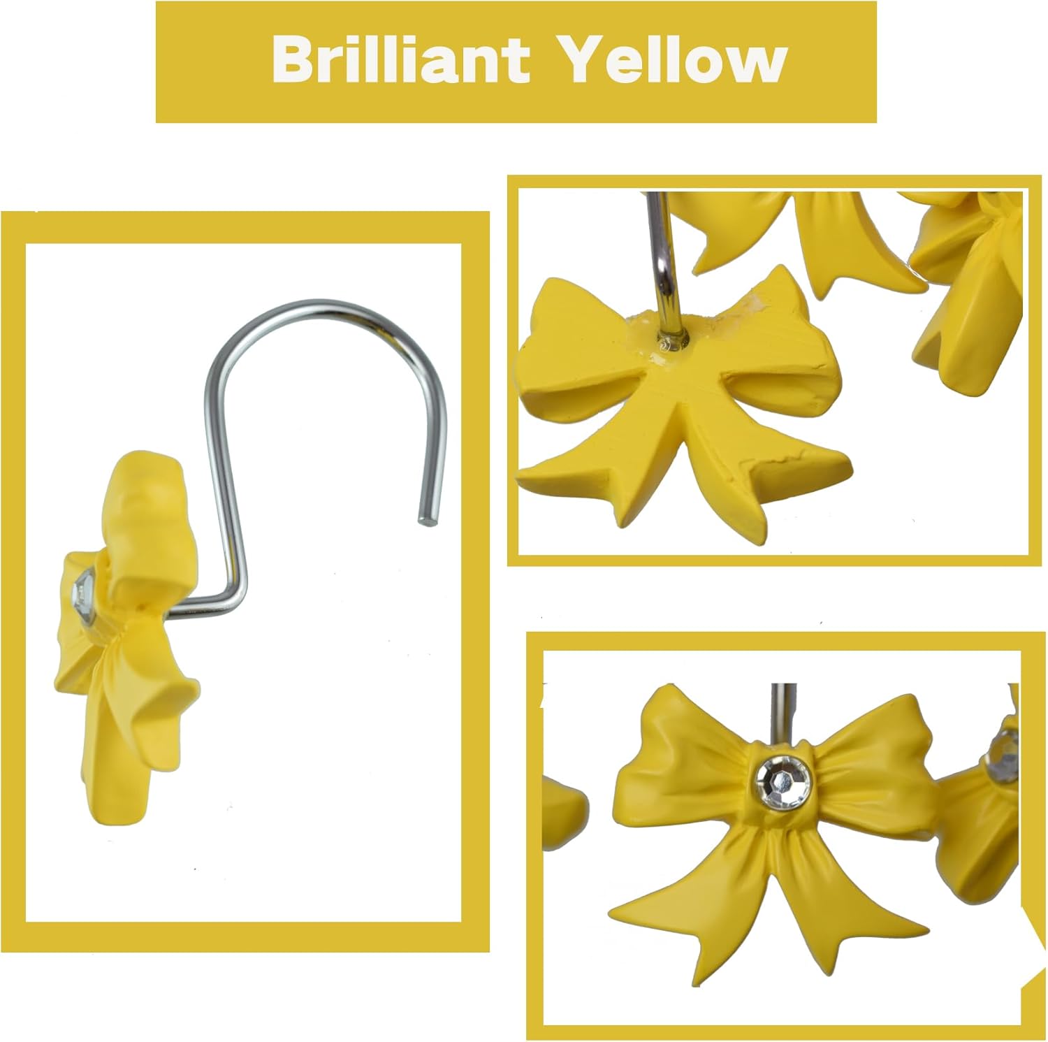 Yellow Decorative Shower Curtain Hooks 12PCS Set with Rhinestone Design