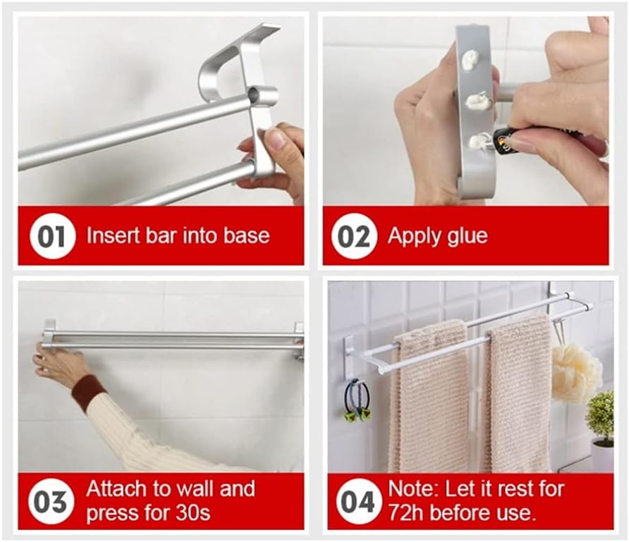 Bath Towel Holder Wall Hung Aluminum Towel Rail with No Drilling