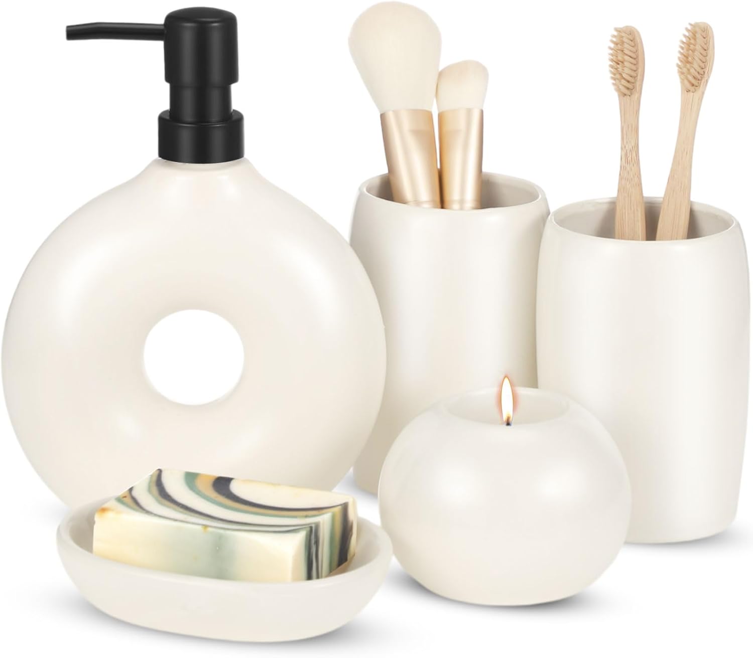 5 Pcs Ceramic Bathroom Accessory Set in Beige