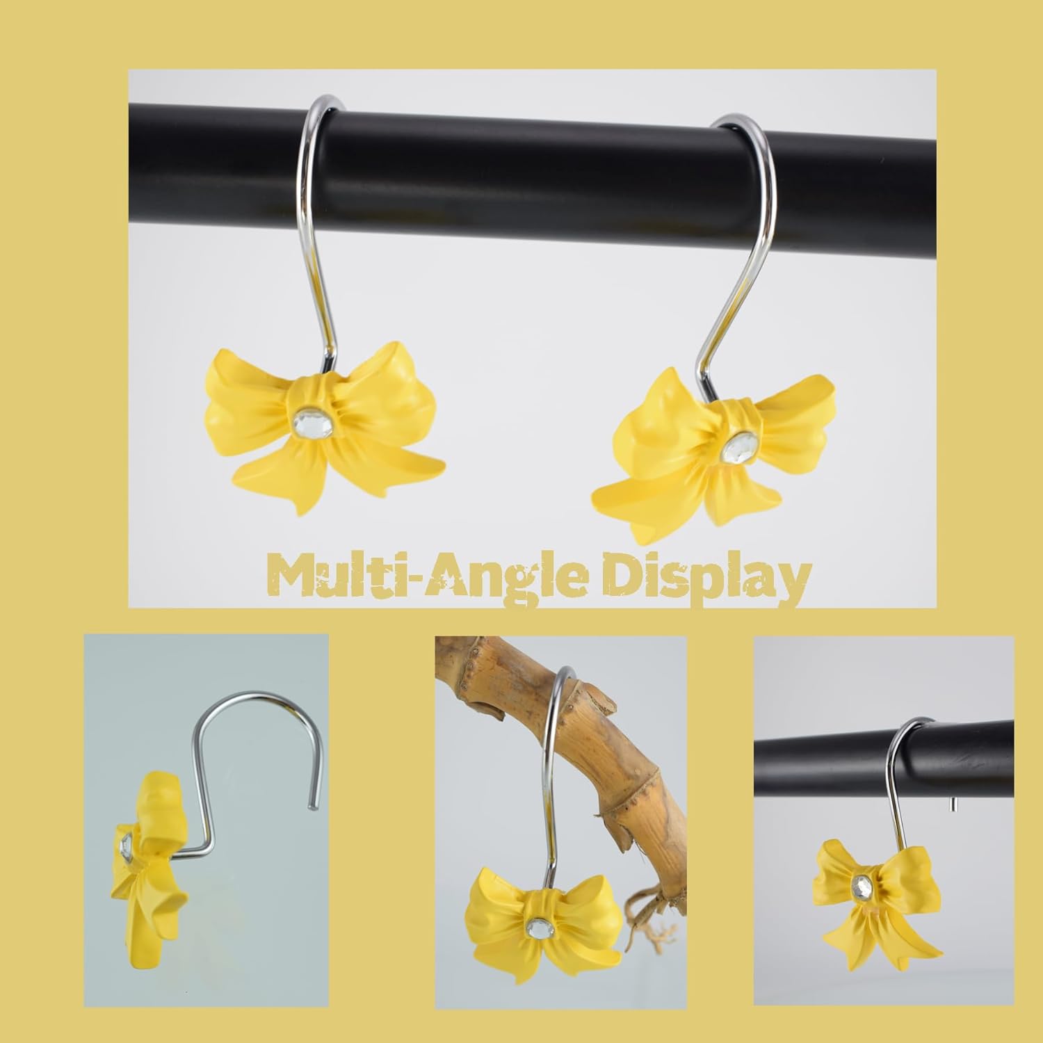 Yellow Decorative Shower Curtain Hooks 12PCS Set with Rhinestone Design