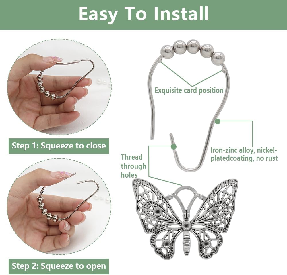 Decorative Shower Curtain Hooks 12PCS Silver Butterfly Hangers