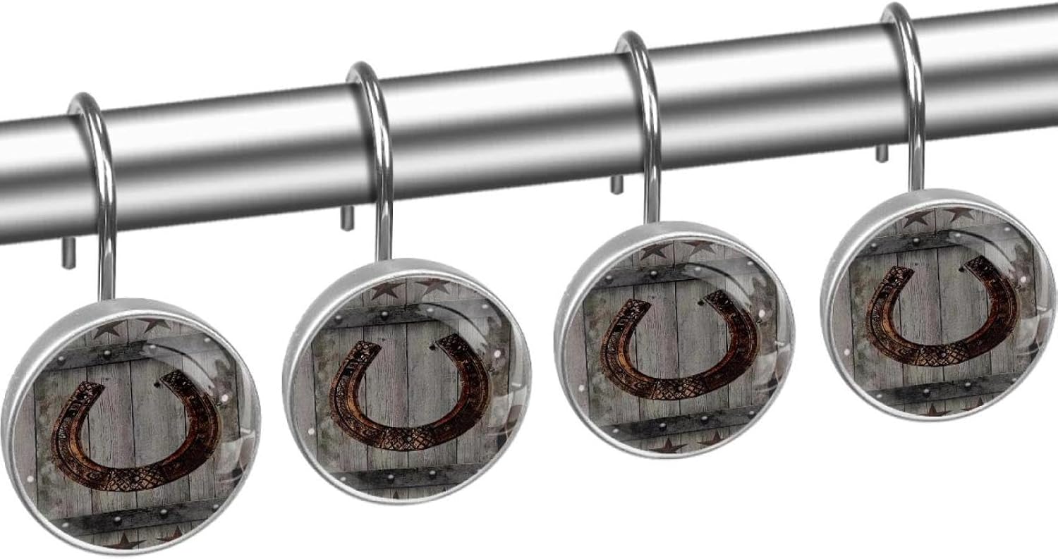 Western Cowboy Rusty Horseshoe Shower Curtain Hooks Set of 12