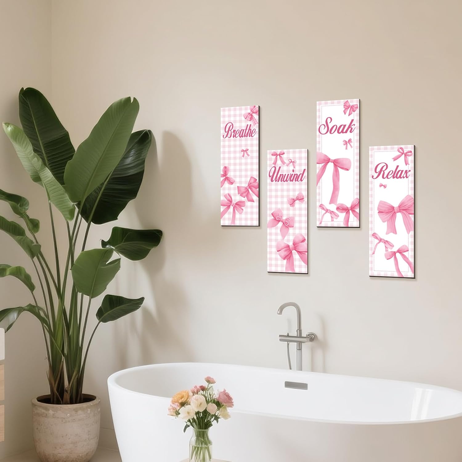 4 Piece Pink Bow Bathroom Wall Decor Set