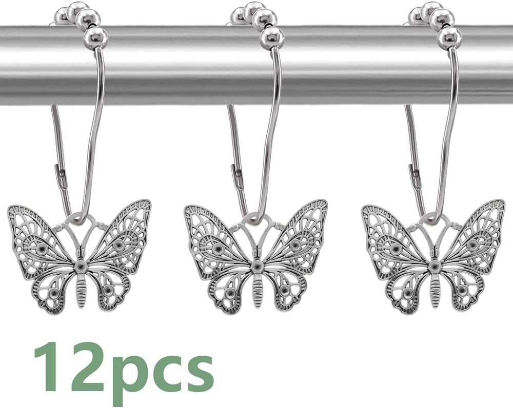Decorative Shower Curtain Hooks 12PCS Silver Butterfly Hangers
