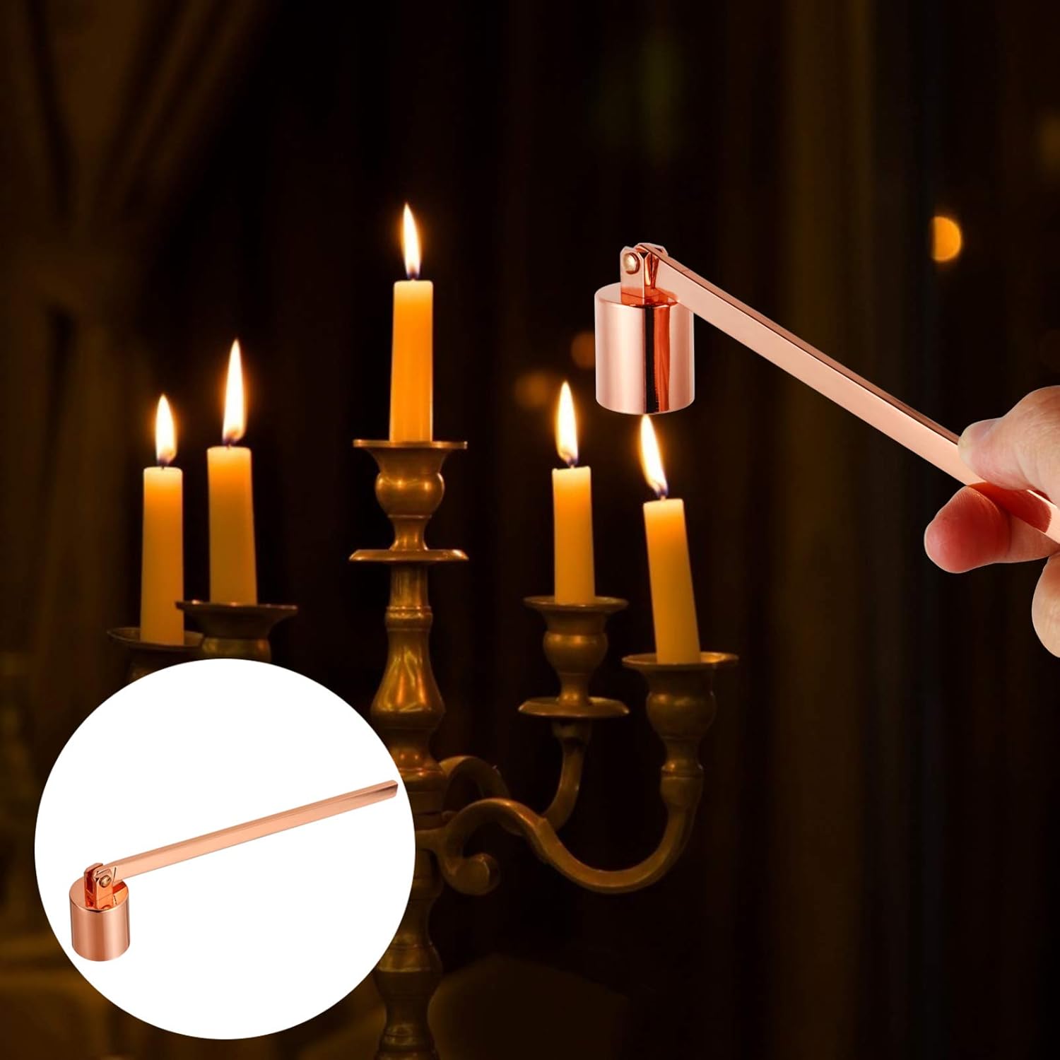 Sturdy stainless steel rose gold candle snuffer
