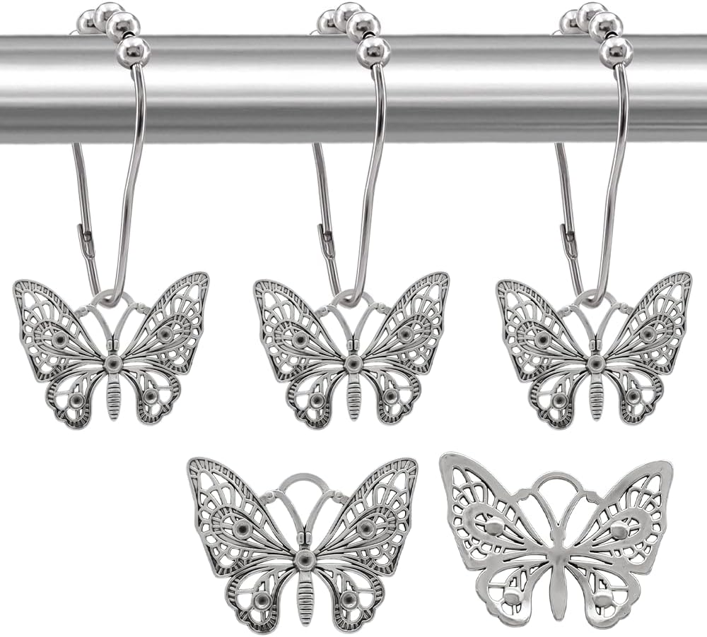 Decorative Shower Curtain Hooks 12PCS Silver Butterfly Hangers