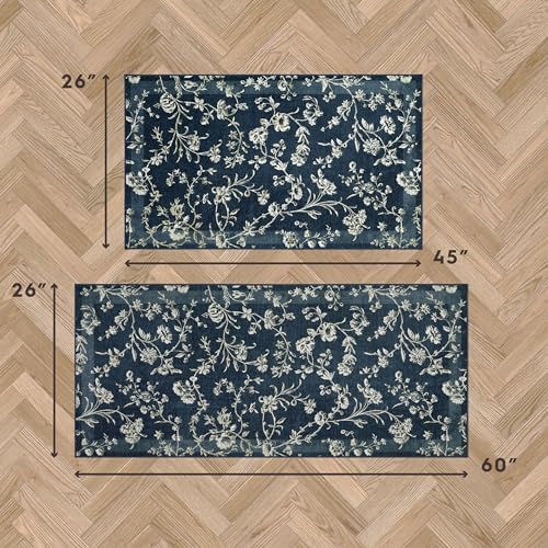 Laura Ashley Dark Navy Aria Floral Border 2-Piece Rug Set
