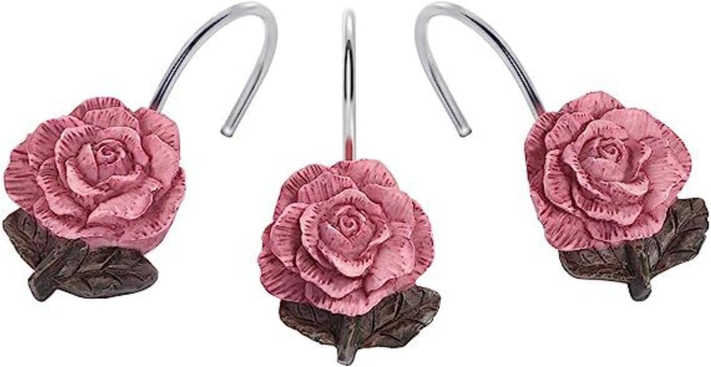 12PCS Pink Rose Decorative Shower Curtain Hooks